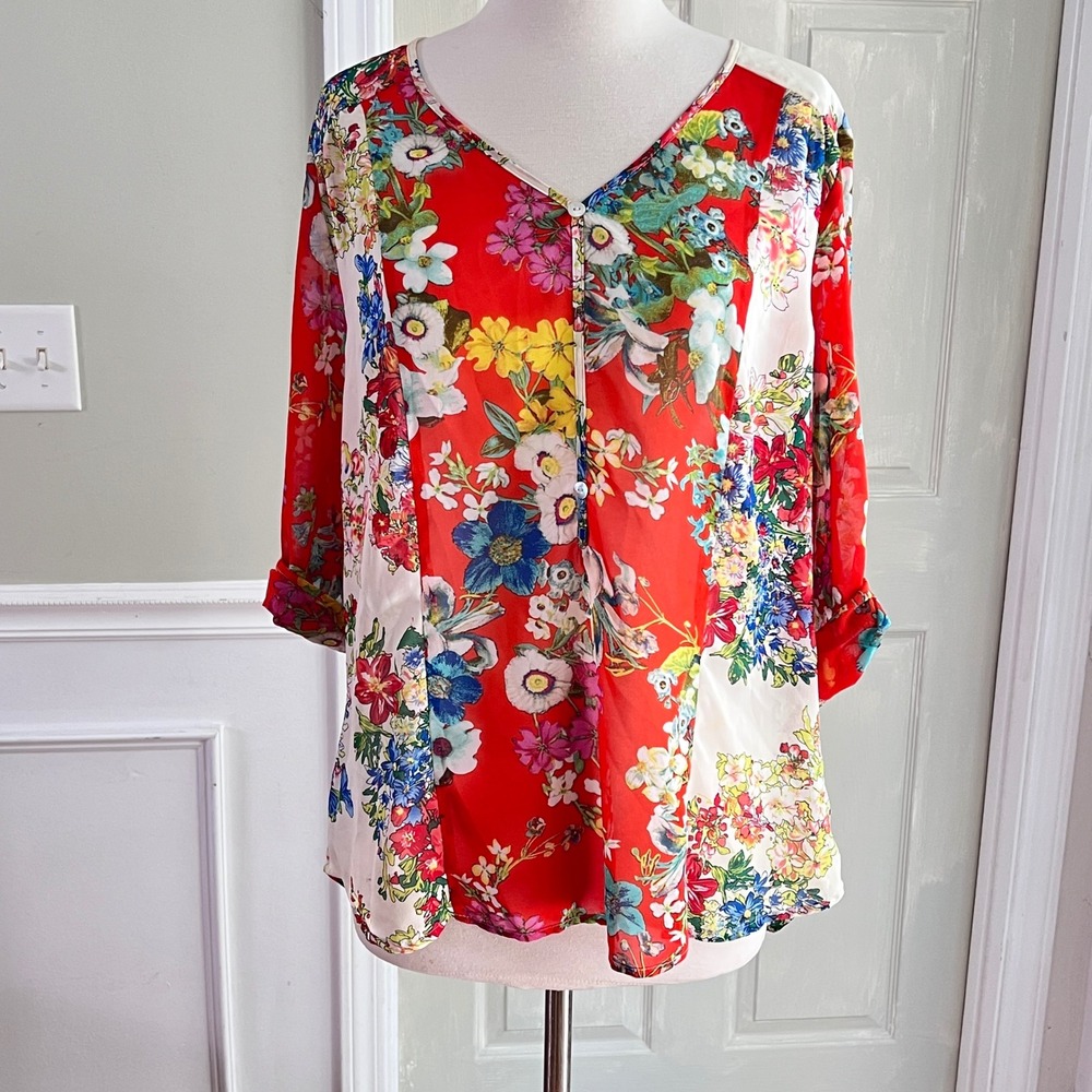 Figueroa Flower Boho Blouse Sz L  Women 3/4 Roll-Tab V-Neck Red Boho Chiffon Top
